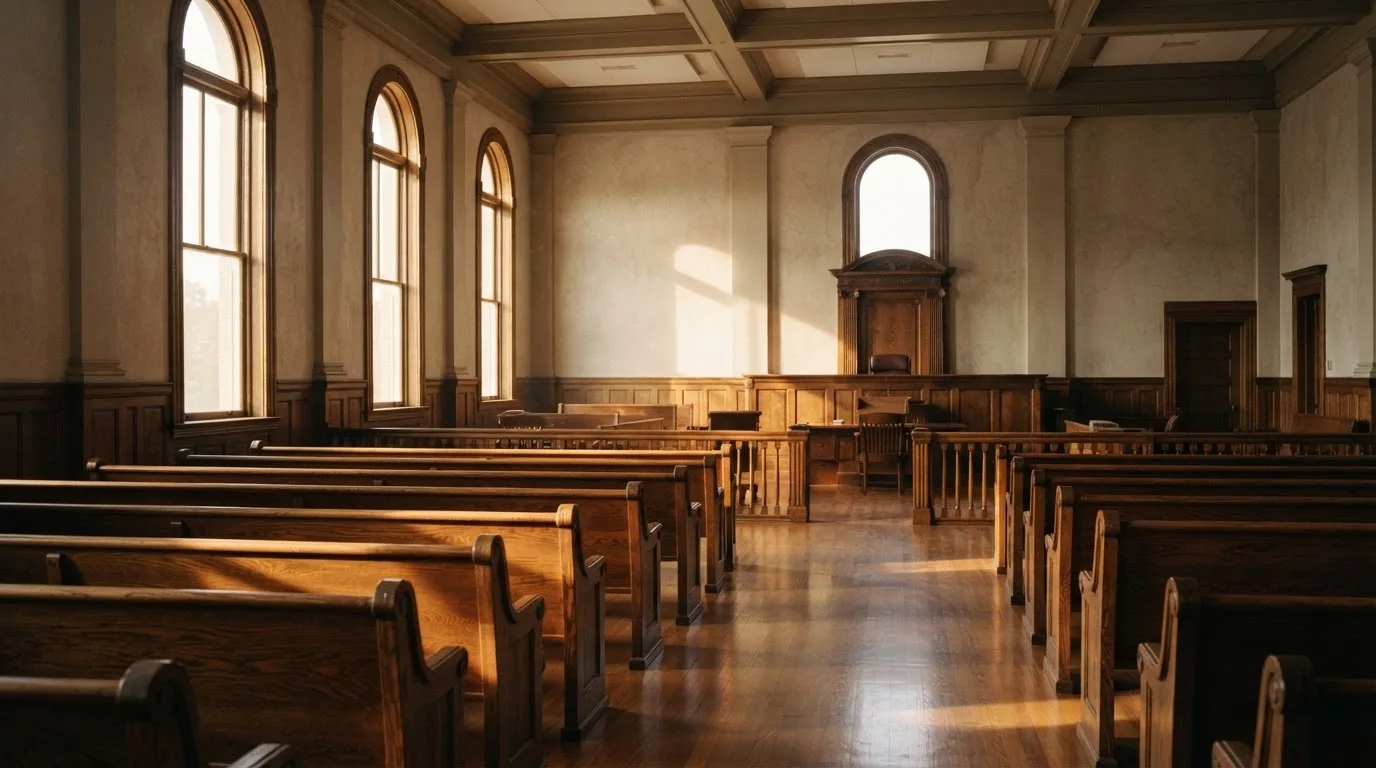 Una sala de tribunal vacía con bancos de madera a la luz de la mañana