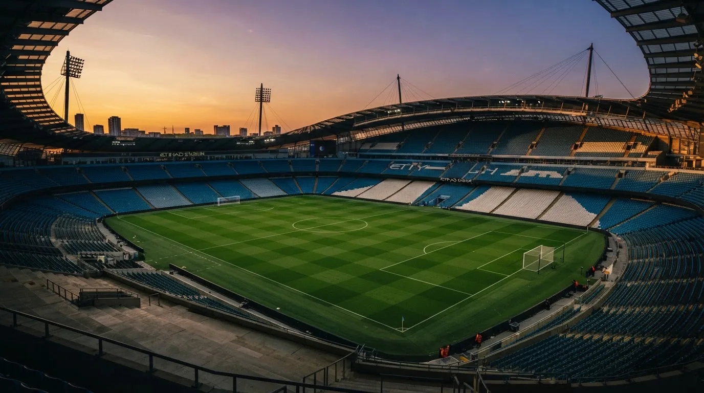 Un estadio de fútbol vacío con torres de iluminación al atardecer