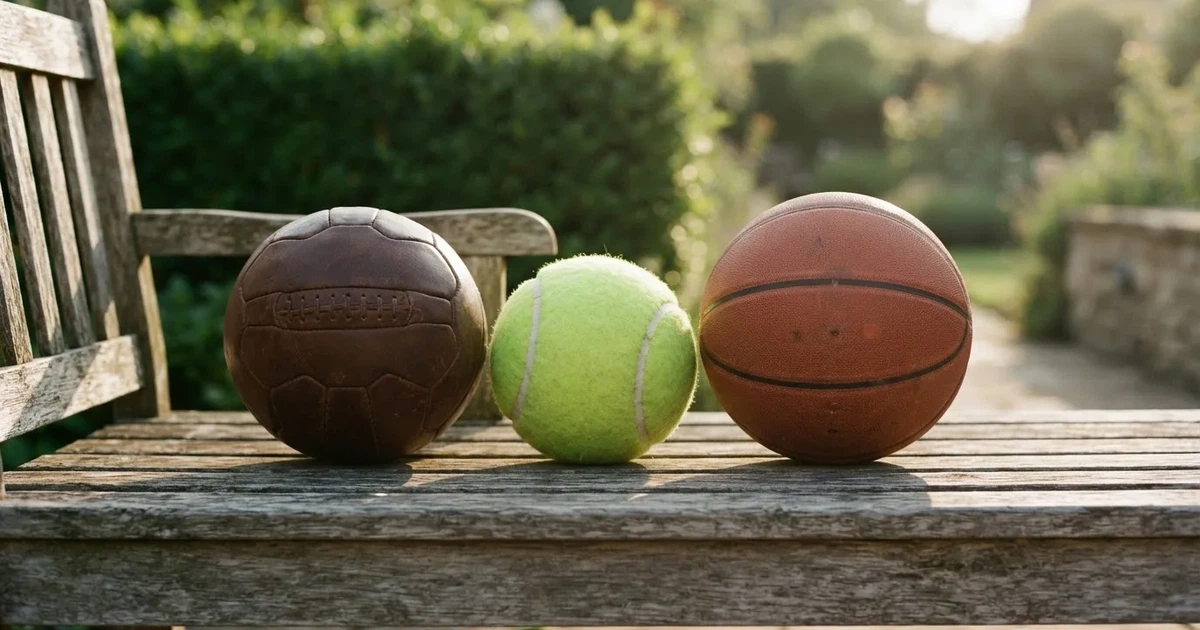 Tres balones de distintos tipos, uno junto a otro, sobre un banco de madera