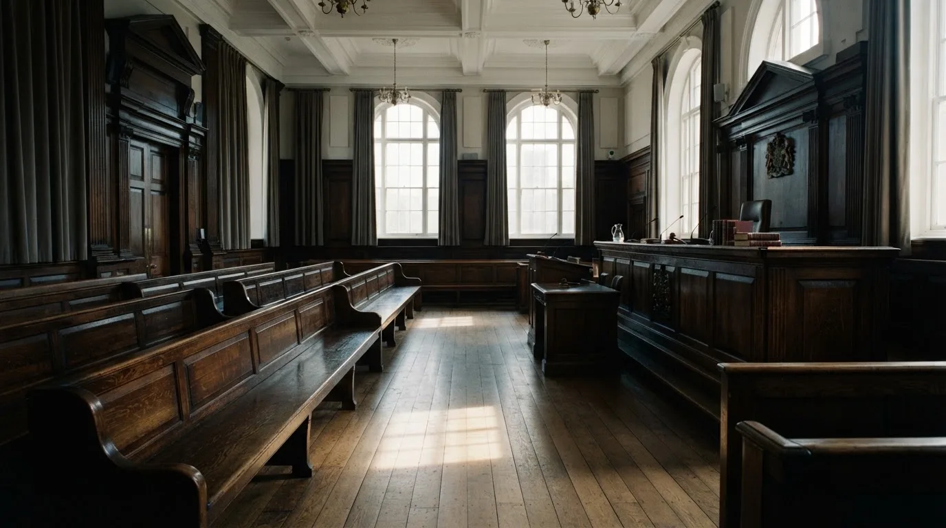 Una sala de tribunal vacía con bancos de madera a la luz de la mañana