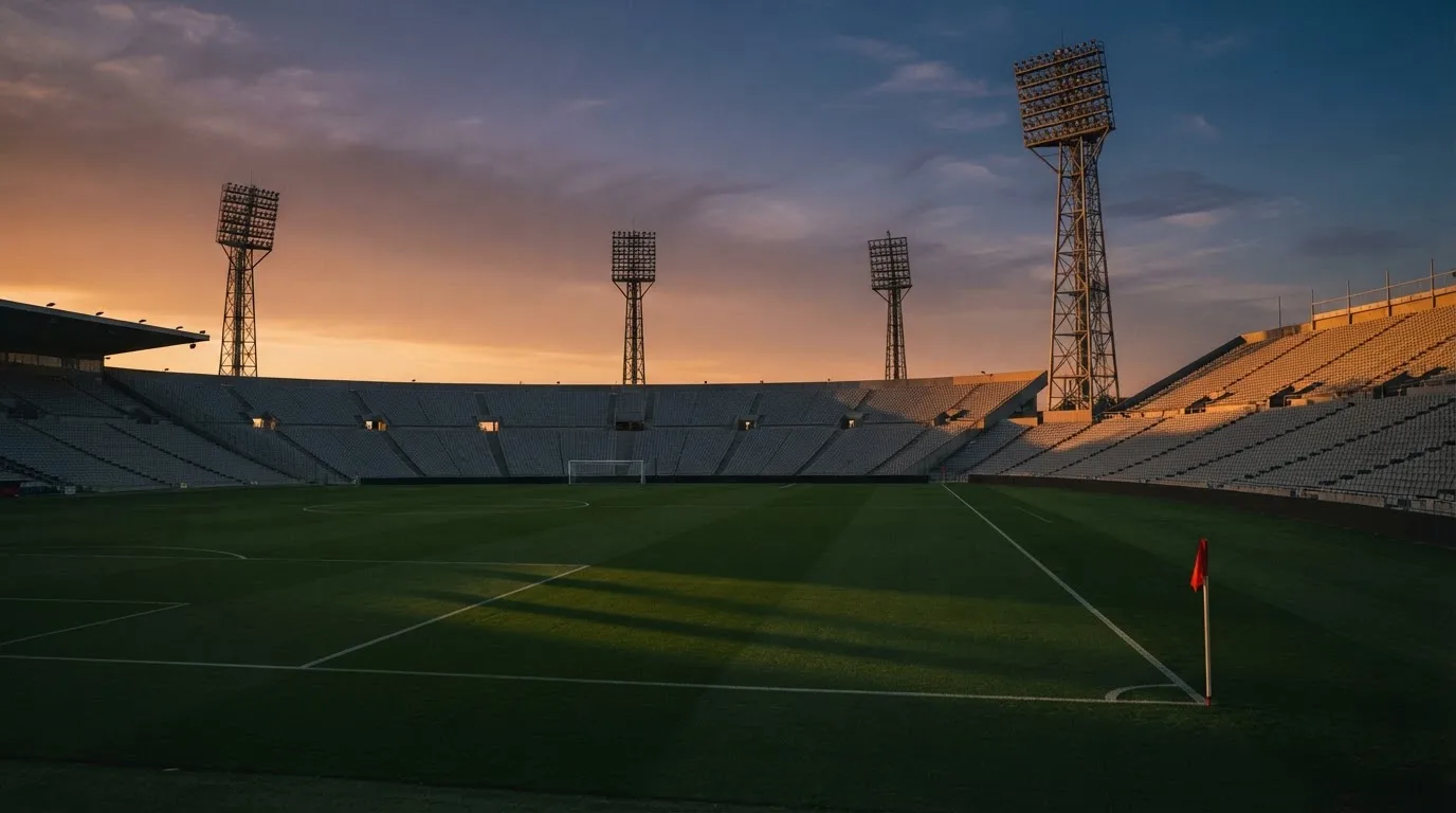 Un estadio de fútbol vacío con torres de iluminación al atardecer