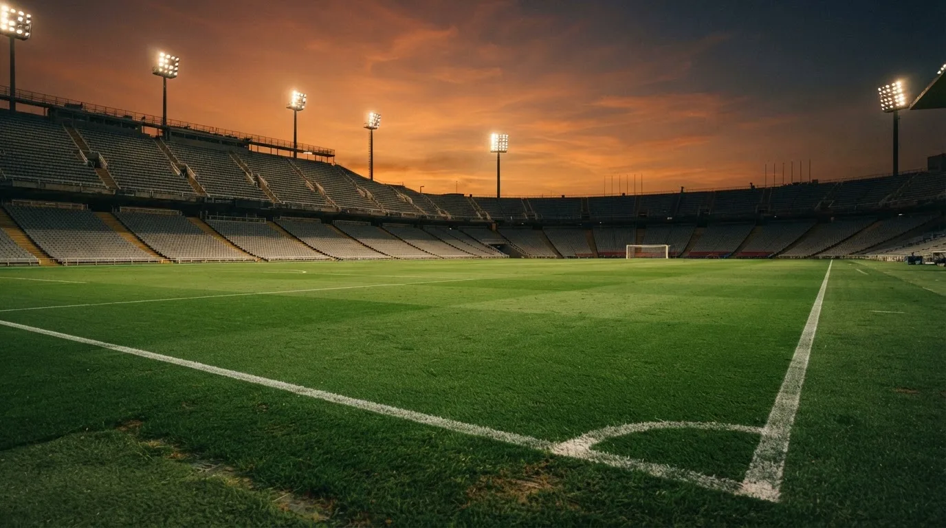 Un estadio de fútbol vacío con torres de iluminación al atardecer