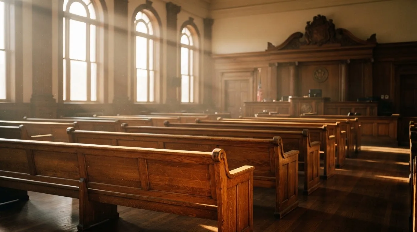 Una sala de tribunal vacía con bancos de madera a la luz de la mañana
