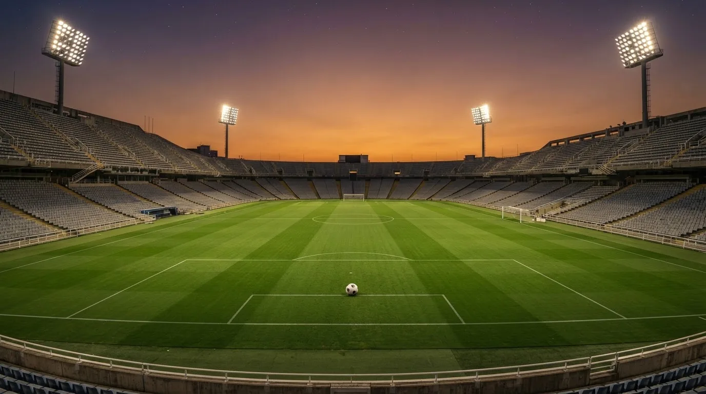 Un estadio de fútbol vacío con torres de iluminación al atardecer