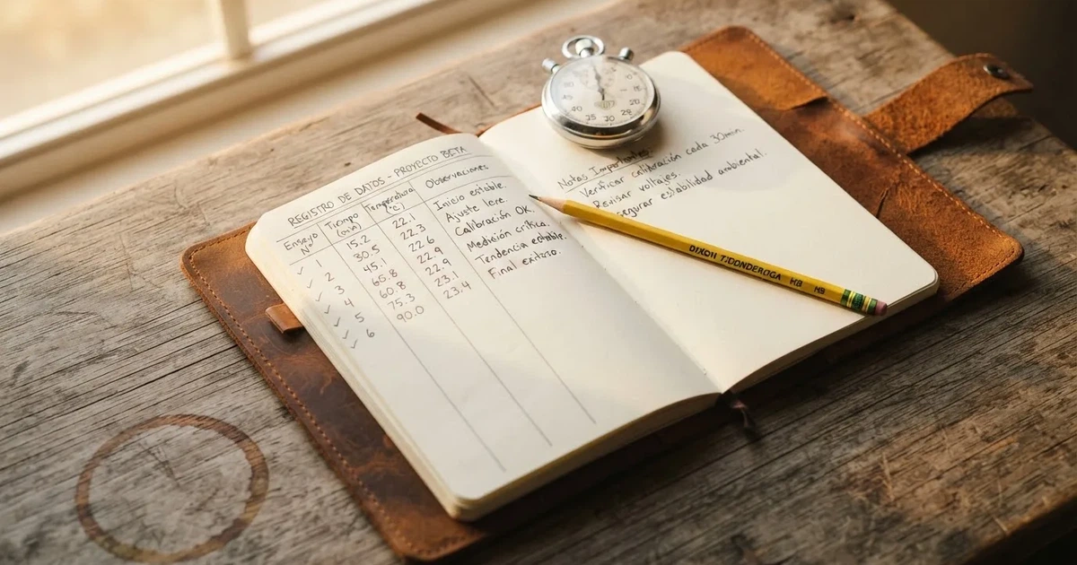 Un cuaderno abierto con un lápiz y un cronómetro sobre una mesa de madera