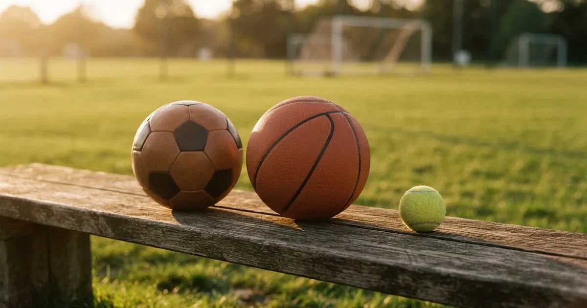 Tres balones de distintos tipos, uno junto a otro, sobre un banco de madera