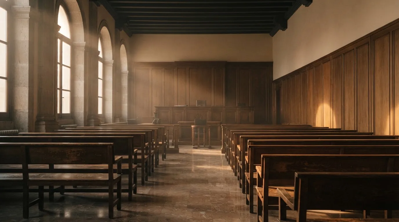 Una sala de tribunal vacía con bancos de madera a la luz de la mañana