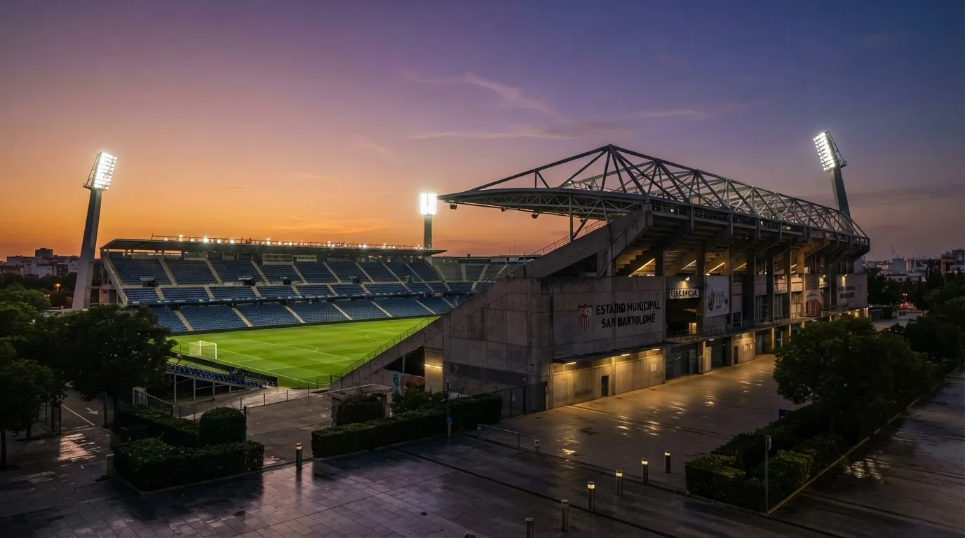 Un estadio de fútbol vacío con torres de iluminación al atardecer