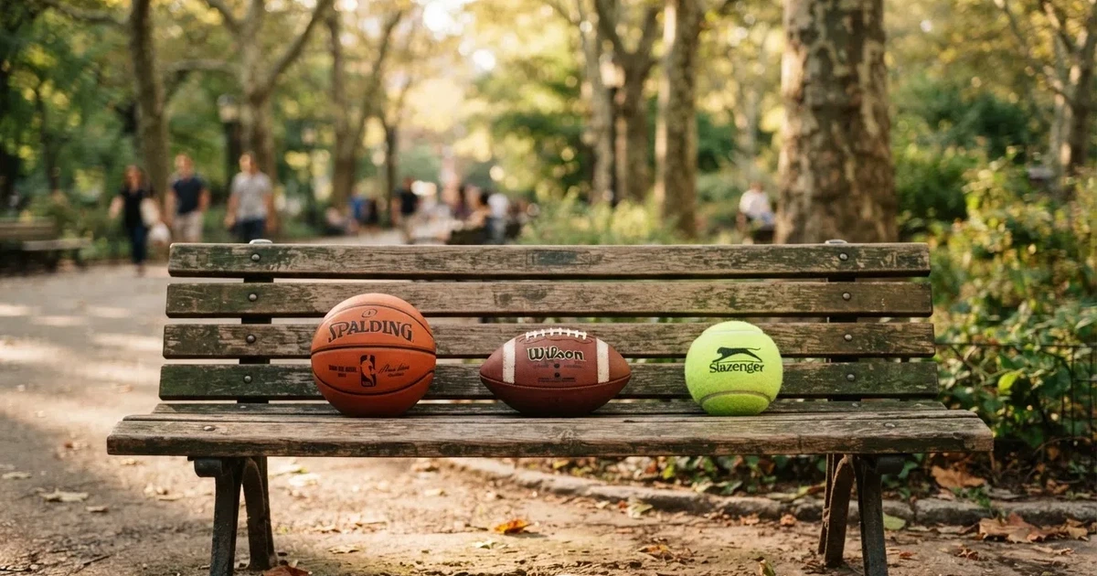 Tres balones de distintos tipos, uno junto a otro, sobre un banco de madera