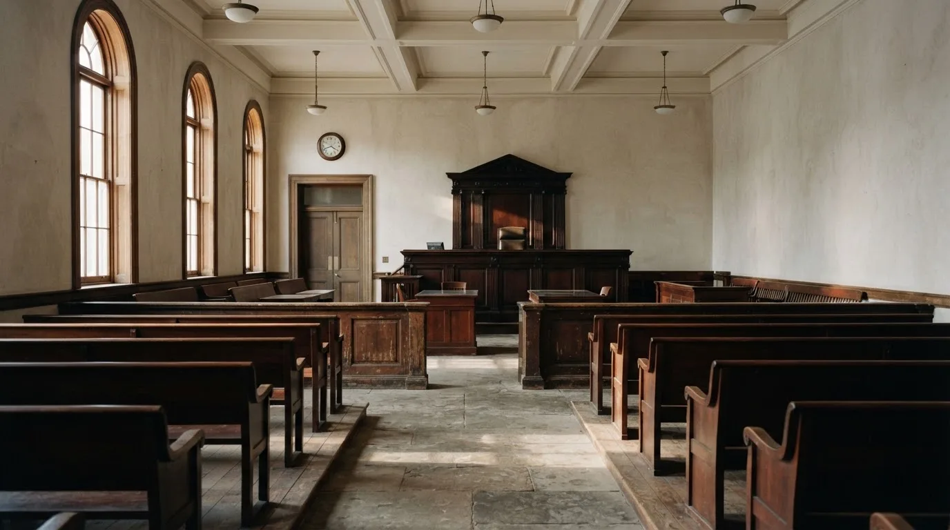 Una sala de tribunal vacía con bancos de madera a la luz de la mañana
