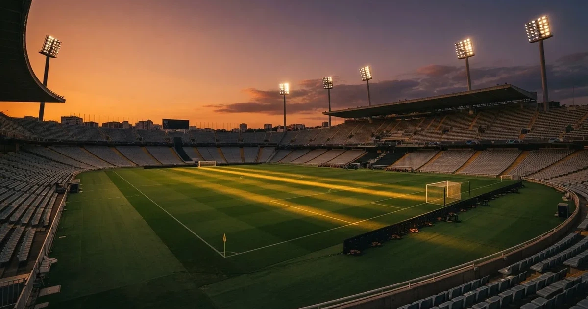 Un estadio de fútbol vacío con torres de iluminación al atardecer