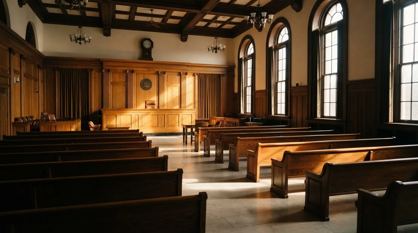 Una sala de tribunal vacía con bancos de madera a la luz de la mañana