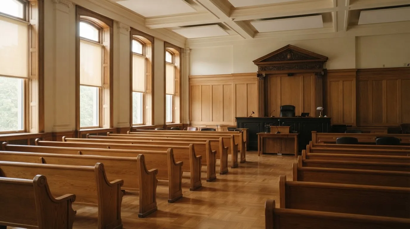 Una sala de tribunal vacía con bancos de madera a la luz de la mañana