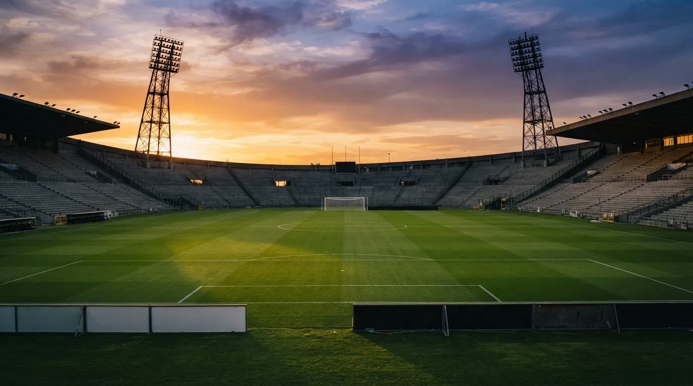 Un estadio de fútbol vacío con torres de iluminación al atardecer