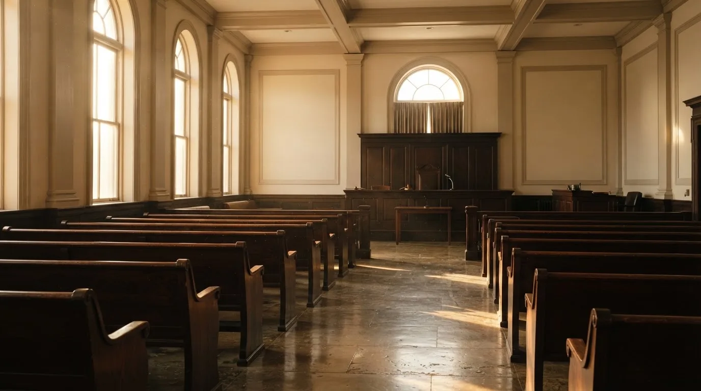 Una sala de tribunal vacía con bancos de madera a la luz de la mañana